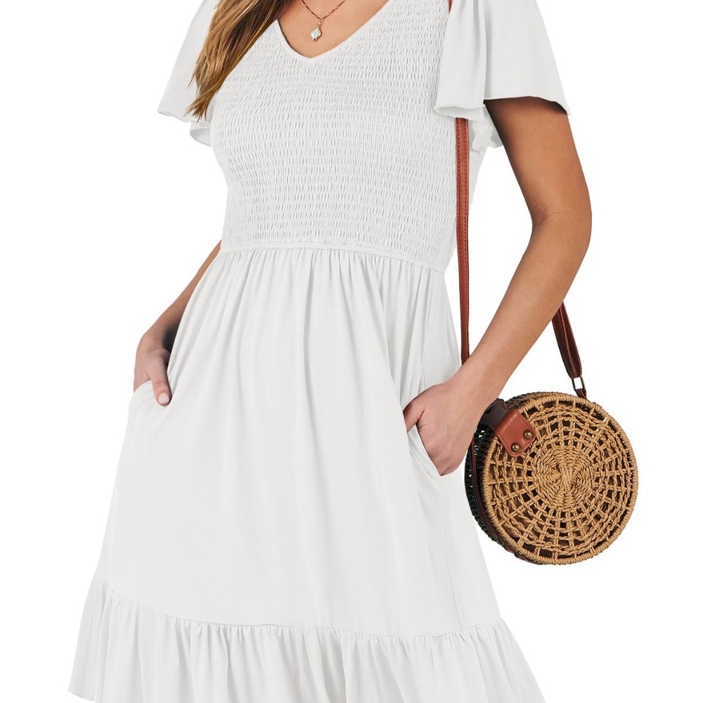 ANRABESS Women's Mini Dress V Neck Flutter Sleeve White Small